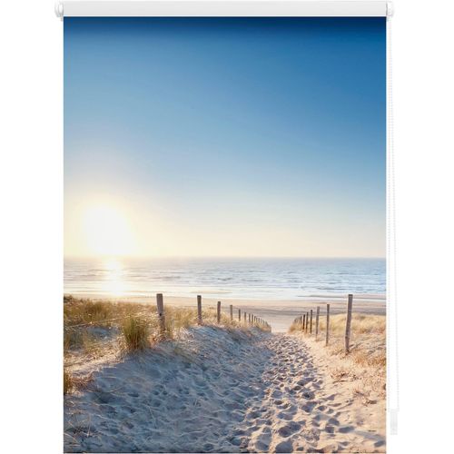 4251369835451 - Seitenzugrollo ORIGINAL Rollo Klemmfix ohne Bohren Verdunkelung Ostseestrand - Blau Rollos Gr 100 cm stufenlos positionierbar 150 cm blau (blau weiß) Verdunkelungsrollos