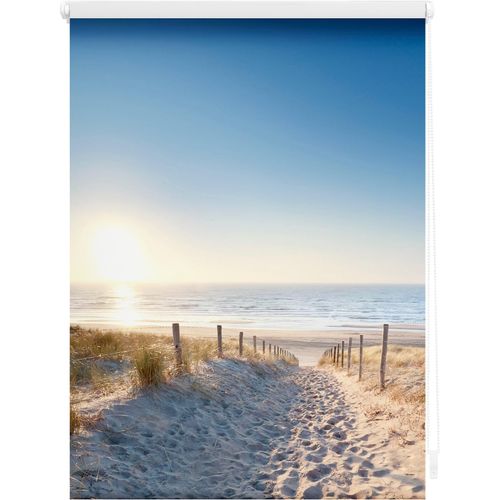 4251369834812 - Seitenzugrollo ORIGINAL Rollo Klemmfix ohne Bohren Verdunkelung Ostseestrand - Blau Rollos Gr 90 cm stufenlos positionierbar 150 cm blau (blau weiß) Verdunkelungsrollos