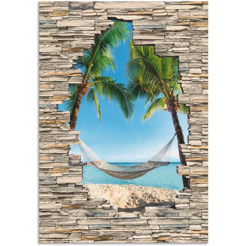 4062144713648 - Wandbild ARTLAND Palmenstrand Karibik Hängematte Stein Bilder Gr B H 90 cm x 130 cm Alu-Dibond-Druck Karibikbilder Hochformat 1 St blau Kunstdrucke als Alubild Leinwandbild Wandaufkleber oder Poster in versch Größen