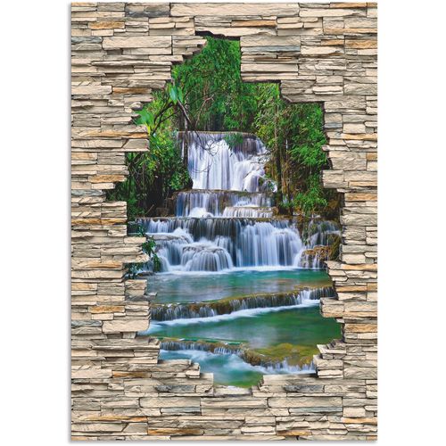 4062144713532 - Wandbild ARTLAND Tiefen Wald Wasserfall Stein Mauer Blick Bilder Gr B H 90 cm x 130 cm Alu-Dibond-Druck Wasserfallbilder Hochformat 1 St grün Kunstdrucke als Alubild Leinwandbild Wandaufkleber oder Poster in versch Größen