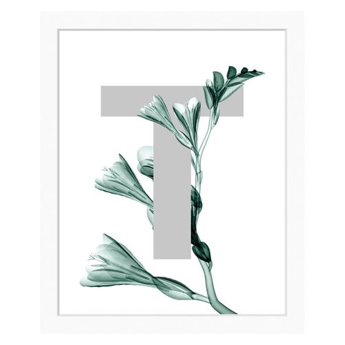 4049009913252 - Bild QUEENCE T-Flower Bilder Gr B H 40 cm x 50 cm Wandbild Buchstaben Hochformat grau (dunkelgrün grau) Kunstdrucke gerahmt Blume Blätter