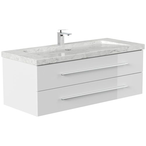 4251982676943 - Badmöbel Marmor Carrara White YAMO 130 cm 1 Hahnloch SoftClose weiß hochglanz 4251982676943 - Badmöbel Marmor Carrara White YAMO 130 cm 1 Hahnloch SoftClose weiß hochglanz