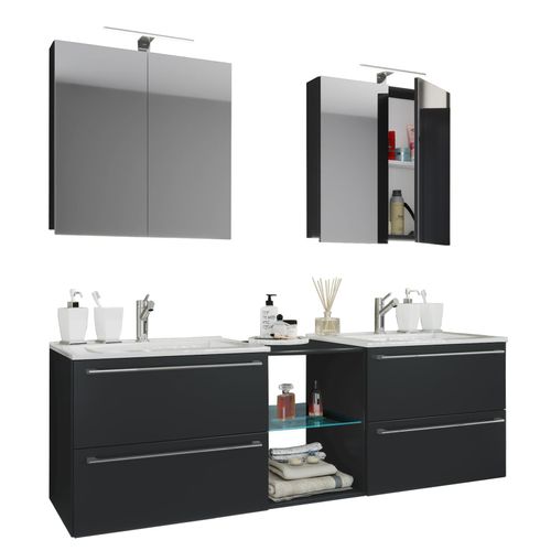 4051814370458 - 3-tlg Set 2 Waschtisch 2 Spiegelschrank 2 Waschbecken 1 Mittelfach Keramik Waschbecken Unterschrank 195 cm Badmöbel Set Doppel Waschplatz - Badinos XXL