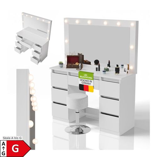 4262437185521 - Schminktisch Lilia mit LED-Spiegel & Hocker Tonia Helligkeit & Farbtemperatur individuell einstellbar viel Stauraum – Weiß 4262437185521 - Schminktisch Lilia mit LED-Spiegel & Hocker Tonia Helligkeit & Farbtemperatur individuell einstellbar viel Stauraum – Weiß