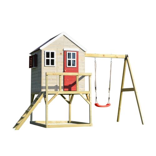 4751017090770 - Kinderspielhaus Stelzenhaus Zebra mit Veranda und Schaukel holz   rot - Wendi Toys