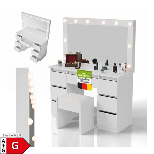 4262437185385 - Schminktisch Lilia mit LED-Spiegel & Hocker Melly 3 Farbmodi & dimmbar viel Stauraum – Weiß 4262437185385 - Schminktisch Lilia mit LED-Spiegel & Hocker Melly 3 Farbmodi & dimmbar viel Stauraum – Weiß