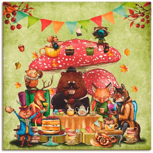 4059745573054 - Wandbild ARTLAND Wald Freunde Fliegenpilz Teetrinken Bilder Gr B H 100 cm x 100 cm Leinwandbild Animal Fantasy 1 St grün Bild Kunstdruck Leinwandbild Kunstdrucke Bilder als Alubild Leinwandbild Wandaufkleber oder Poster in versch Größen