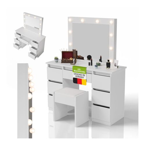 4262437185415 - Schminktisch Talea und Hocker Melly mit LED-Spiegel 3 Farbtemperaturen stufenlose Helligkeit viel Stauraum – Weiß