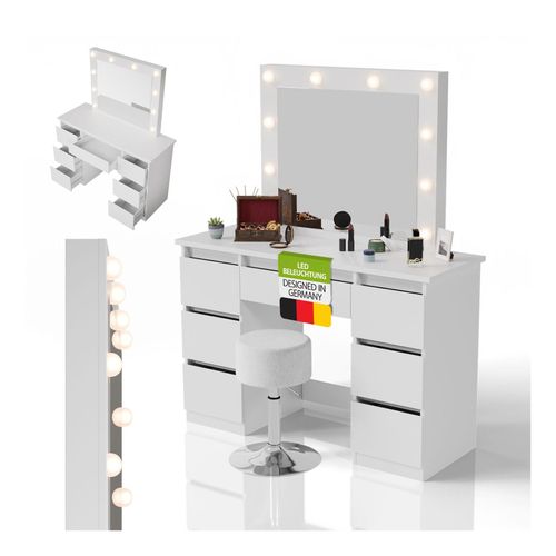 4262437185408 - Schminktisch Talea und Hocker Tonia mit LED-Spiegel 3 Farbtemperaturen stufenlose Helligkeit viel Stauraum – Weiß