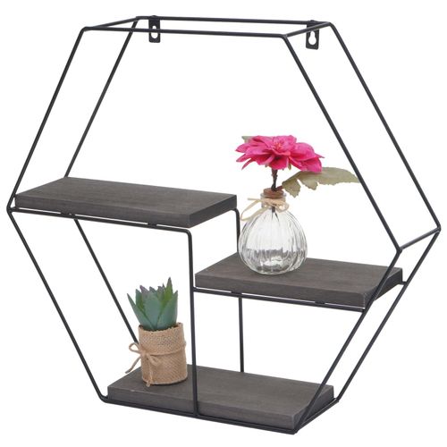 4057651582269 - Wandregal MCW-K76 Hängeregal Schweberegal Regal 3 Regalböden Metall Massiv-Holz Industrial 43x49x11cm ~ dunkelgrau