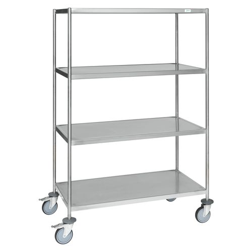 7350112290541 - Kongamek Edelstahl- Etagenwagen vollständig geschweißt 4 Ladeflächen 800x550mm Gummibereifung rostfrei mit Bremse