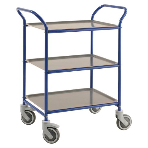 7350050356521 - Tablettwagen 770x495x960mm blau pulverbeschichtet mit Bremse und 3 Tabletts in grau - Kongamek