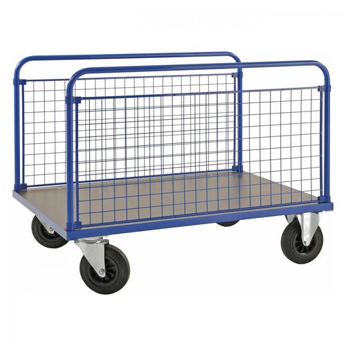 7350050358488 - Kongamek - Plattformwagen in blau 1000x700x900mm mit MDF-Platte und 2 stirnseitigen Gitterwänden mit Gummibereifung und Bremse 7350050358488 - Kongamek - Plattformwagen in blau 1000x700x900mm mit MDF-Platte und 2 stirnseitigen Gitterwänden mit Gummibereifung und Bremse