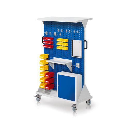 4251142246252 - Systeme RasterMobil® mobiler Arbeitsplatzschrank Größe #4 1580x1000x500mm 2x Lochplatte 6x Schlitzplatte mit Ablageboden und Einhängeschrank 44-teilig lichtgrau