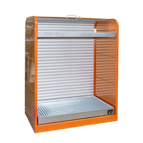 4052462048256 - eurokraft pro Stahl-Gefahrstoffdepot mit Rollladen für 6 x 60-l-Fässer 1 Wannenboden orange 4052462048256 - eurokraft pro Stahl-Gefahrstoffdepot mit Rollladen für 6 x 60-l-Fässer 1 Wannenboden orange