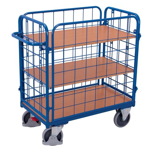 4035694008991 - Drahtgitter-Etagenwagen Stahl MDF-Platte Enzianblau Buche-Dekor 1 Etage 1200 x 800 mm einhängbare Längswände EasySTOP bis 500 kg