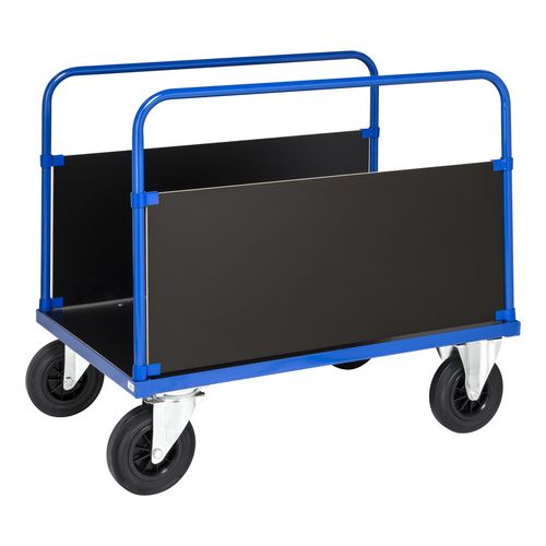 7350050351540 - Kongamek - Plattformwagen in blau 1200x800x900mm mit MDF-Platte und 2 stirnseitigen Wänden mit Gummibereifung ohne Bremse