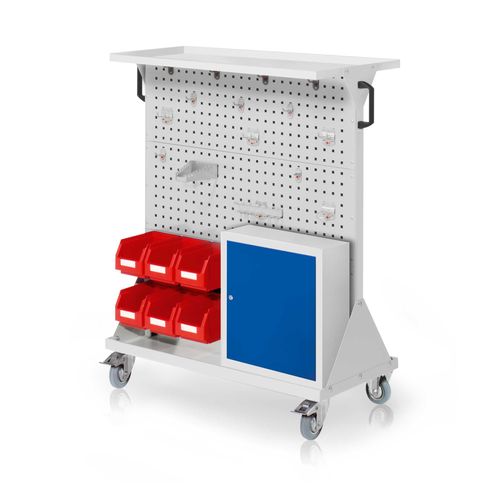 4251142245880 - Systeme RasterMobil® mobiler Arbeitsplatzschrank Größe #3 1270x1000x500mm 29-teilig mit Auflageboden aus Stahlblech und Einhängeschrank lichtgrau