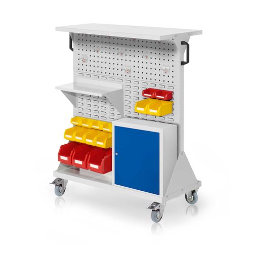4251142245972 - Systeme RasterMobil® mobiler Arbeitsplatzschrank Größe #3 1270x1000x500mm 34-teilig mit Ablageboden und Einhängeschrank lichtgrau