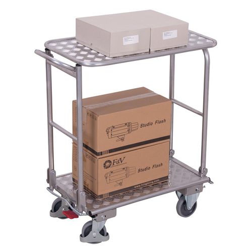 4035694037779 - Klappbügelwagen Aluminium  Riffelblech alusilber 2 Etagen L 720 x B 450 mm klappbarer mit Querstrebe TPE-Rollen mit EasySTOP bis 150 kg