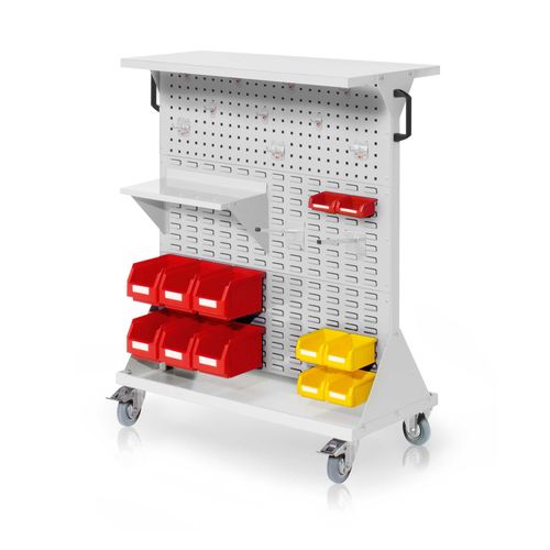 4251142245859 - Systeme RasterMobil® mobiler Arbeitsplatzschrank Größe #3 1270x1000x500mm 32-teilig mit Ablageboden aus Stahlblech - lichtgrau