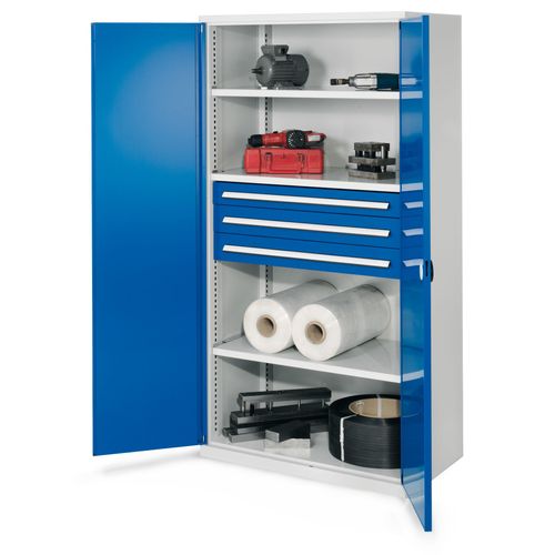 4251142217764 - Schwerlastschrank Vollblechtüren 3 Fachböden Schubl 1x100 2x125 mm BxTxH 1000x600x1950 mm ral 7035 5010 4251142217764 - Schwerlastschrank Vollblechtüren 3 Fachböden Schubl 1x100 2x125 mm BxTxH 1000x600x1950 mm ral 7035 5010