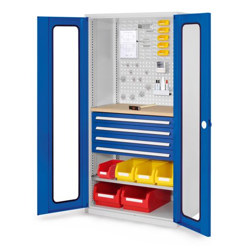 4251142217368 - Werkzeugschrank Türen mit Sichtfenster 1 Werkbankplatte 4 Schubl + 1 Fachb BxTxH 1000x600x1950 mm ral 7035 5010 4251142217368 - Werkzeugschrank Türen mit Sichtfenster 1 Werkbankplatte 4 Schubl + 1 Fachb BxTxH 1000x600x1950 mm ral 7035 5010