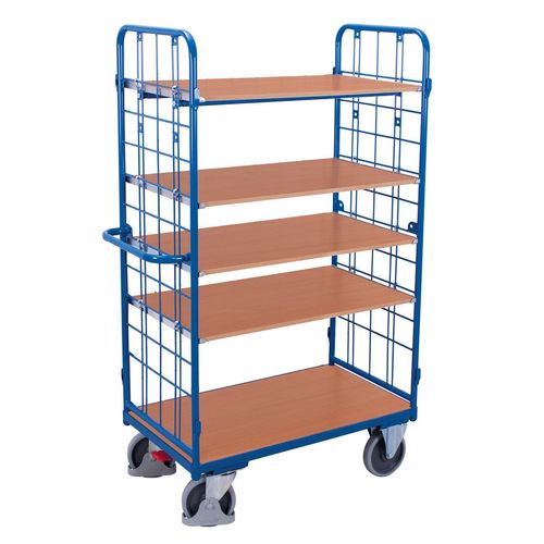 4035694009455 - Etagenwagen Stahl MDF-Platte Enzianblau Buche-Dekor 1 Etage 850 x 500 mm 2 Stirnwände aus Drahtgitter EasySTOP bis 400 kg