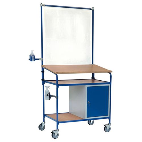 4017976858388 - Rollpult 3 Etagen Schrank Infektionsschutzrahmen 2 Halterungen für Desinfektionsmittelflaschen Sprühflaschen RAL 5007 4017976858388 - Rollpult 3 Etagen Schrank Infektionsschutzrahmen 2 Halterungen für Desinfektionsmittelflaschen Sprühflaschen RAL 5007