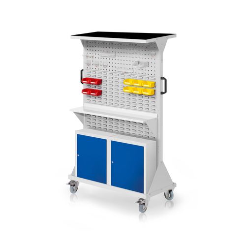 4251142247273 - Systeme RasterMobil® mobiler Arbeitsplatzschrank Größe #4 1580x1000x500mm 2x Lochplatte 6x Schlitzplatte mit Auflageboden inkl Riffelgummimatte und Einhängeschrank 40-teilig lichtgrau
