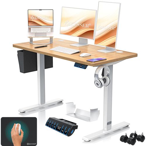 4255598328838 - KESSER® Höhenverstellbarer Schreibtisch elektrisch Ergonomisch Steh-Sitz Schreibtisch 3-Funktions-Memory Steuerung Inkl 360° Rollen & USB-Ladeanschluss Computertisch für Homeoffice