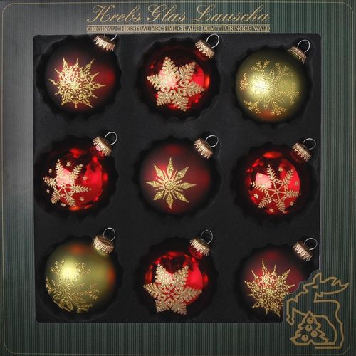 0024762507430 - Weihnachtsbaumkugel KREBS GLAS LAUSCHA Schneeflocken Weihnachtsdeko rot Christbaumschmuck rot (rot grün) Ø8cm Glas Weihnachtsbaumkugeln hochwertige Christbaumkugeln aus Glas mundgeblasen rot grün