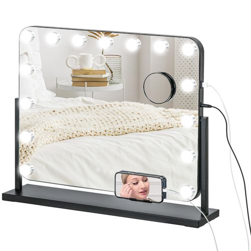 4255633575746 - Hollywood Spiegel mit Beleuchtung Schminkspiegel mit 14 LED Licht 3 Lichtfarben Kosmetikspiegel mit 10X Vergrößerung USB-Ladeanschluss