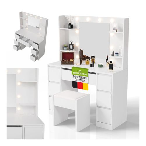 4262437185361 - Schminktisch Malia und Hocker Melly mit LED-Spiegel Helligkeit & Farbtemperatur individuell einstellbar viel Stauraum– Weiß 4262437185361 - Schminktisch Malia und Hocker Melly mit LED-Spiegel Helligkeit & Farbtemperatur individuell einstellbar viel Stauraum– Weiß