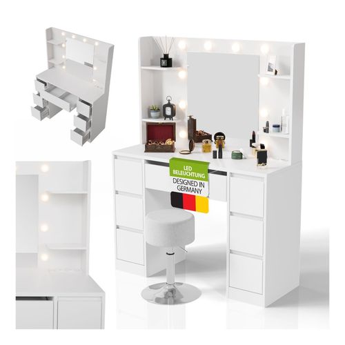 4262437185354 - Schminktisch Malia und Hocker Tonia mit LED-Licht Helligkeit & Farbtemperatur individuell einstellbar viel Stauraum & Spiegel – Weiß 4262437185354 - Schminktisch Malia und Hocker Tonia mit LED-Licht Helligkeit & Farbtemperatur individuell einstellbar viel Stauraum & Spiegel – Weiß