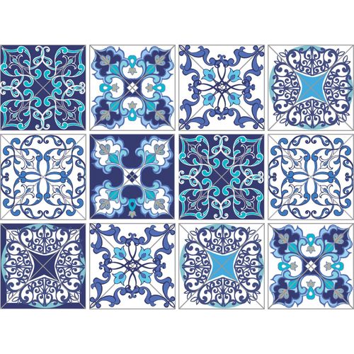 4049009494263 - Fliesenaufkleber QUEENCE Muster blau (blau weiß) B15cm H15cm T01cm Fliesenaufkleber Stickerfliesen selbstklebend Sticker 12er Set