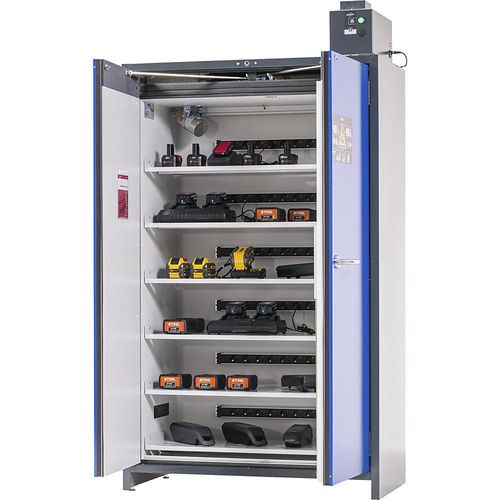 4054923268012 - Asecos Akku-Ladeschrank ION-PRO-90 PC 6 Fachböden gelocht + Steckdosen 1 Auffangwanne B 1193 x T 615 x H 2224 mm