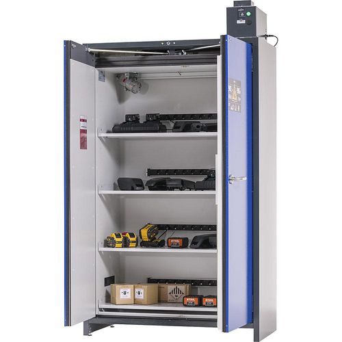 4054923267992 - Asecos Akku-Ladeschrank ION-PRO-90 PC 4 Fachböden gelocht + Steckdosen 1 Auffangwanne B 1193 x T 615 x H 2224 mm 4054923267992 - Asecos Akku-Ladeschrank ION-PRO-90 PC 4 Fachböden gelocht + Steckdosen 1 Auffangwanne B 1193 x T 615 x H 2224 mm