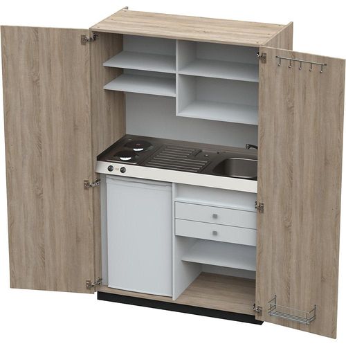 4021176333316 - Schrankküche mit Flügeltüren 2 Massekochfelder Becken rechts Eiche 1956x1200x650 mm kaiserkraft