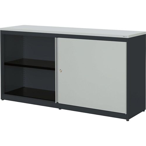 4250633329658 - mauser Schiebetürenschrank HxBxT 830 x 1600 x 432 mm Kunststoffplatte 2 x 1 Fachboden anthrazitgrau   lichtgrau   lichtgrau