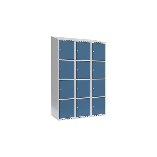 7042424847031 - 4er-Schließfachschrank Fydor 3 Abteile lichtgrau   brillantblau B 1200 mm 3 Abteile schräge Dachform Zylinderschloss kaiserkraft