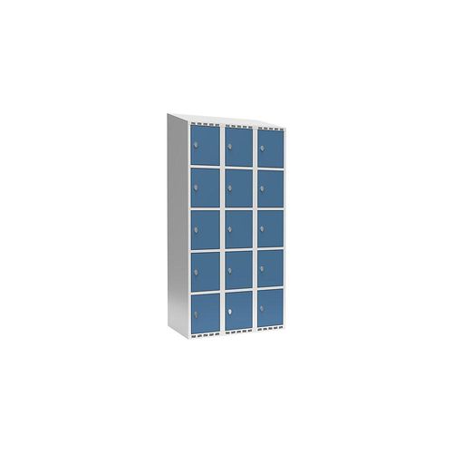 7042424834079 - 5er-Schließfachschrank Fydor 3 Abteile lichtgrau brillantblau B 900 mm 3 Abteile schräge Dachform Vorhängeschloss kaiserkraft 7042424834079 - 5er-Schließfachschrank Fydor 3 Abteile lichtgrau brillantblau B 900 mm 3 Abteile schräge Dachform Vorhängeschloss kaiserkraft