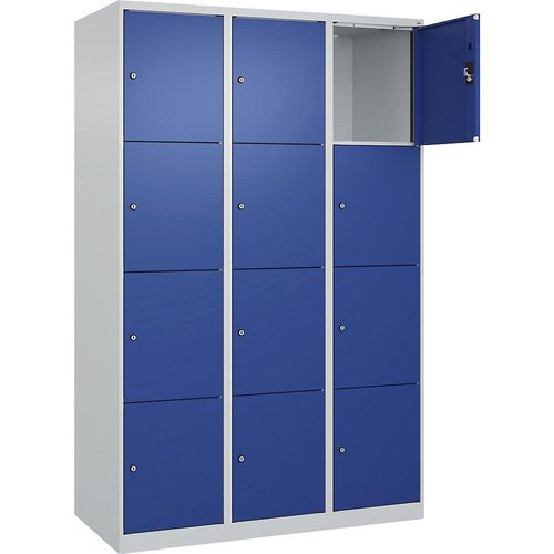 4068192006992 - 4er-Schließfachschrank Evolo PLUS 3 Abteile lichtgrau   enzianblau B 1200 mm 12 Fächer mit Bodengleitern Zylinderschloss kaiserkraft