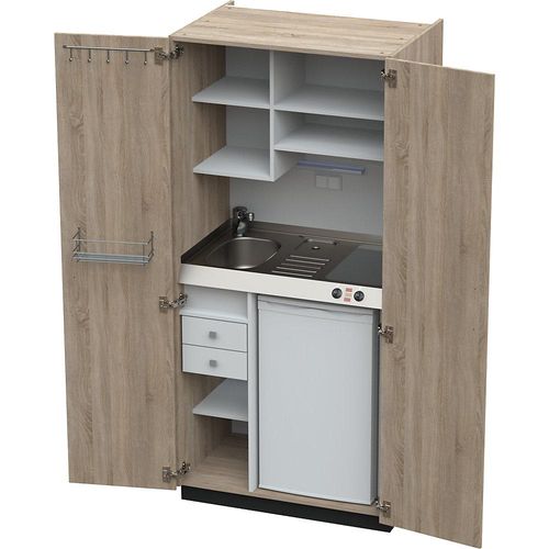 4021176613319 - Schrankküche mit Flügeltüren 2 Glaskeramikkochfelder Becken links Eiche 1956x900x650 mm kaiserkraft