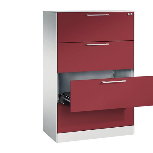 4065714948822 - Karteischrank ASISTO Höhe 1292 mm mit 4 Schüben DIN A4 quer lichtgrau rubinrot C+P