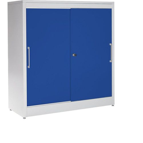 4250633303252 - mauser Schiebetürschrank Sideboard mit 2 Fachböden HxBxT 1240 x 1200 x 420 mm lichtgrau   ultramarinblau