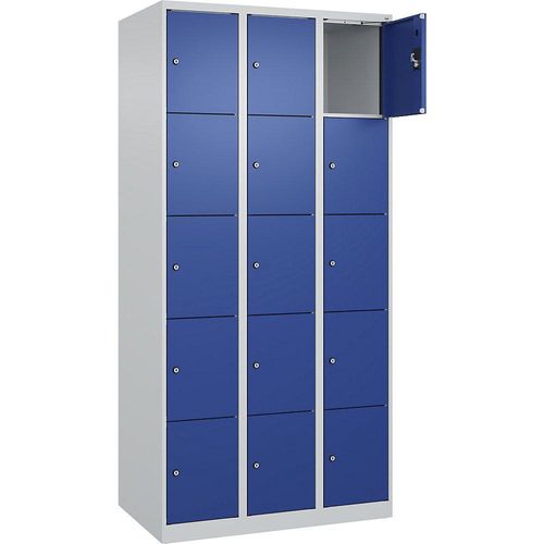 4068192006008 - 5er-Schließfachschrank Evolo PLUS 3 Abteile lichtgrau   enzianblau B 900 mm 15 Fächer mit Bodengleitern Zylinderschloss kaiserkraft