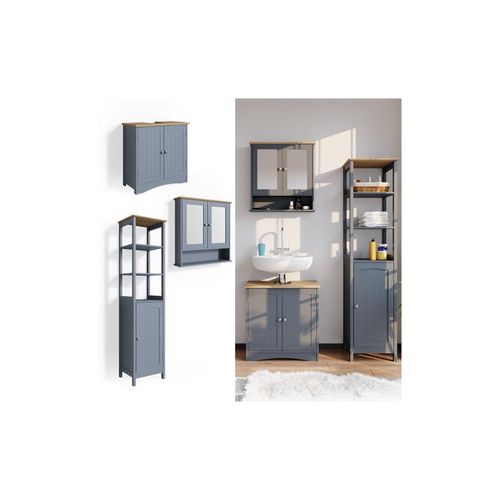 4251421948495 - 3er Badmöbel Set Bianco Grau Spiegelschrank Waschtischunterschrank Hochschrank Badezimmermöbel Set im Landhausstil