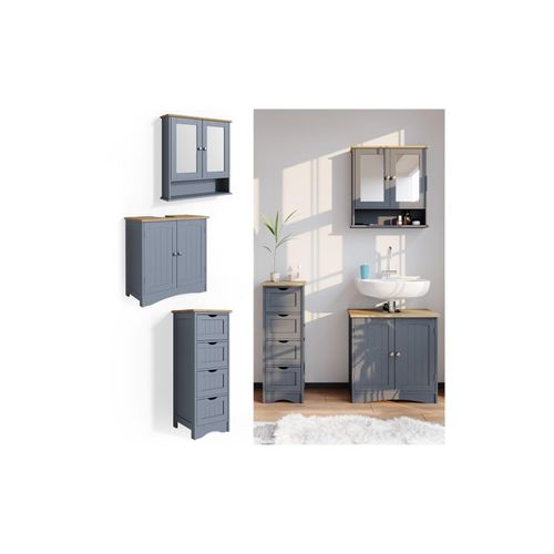 4251421948501 - 3er Badmöbel Set Bianco Grau Spiegelschrank Waschtischunterschrank Badschrank Badezimmermöbel Set im Landhausstil