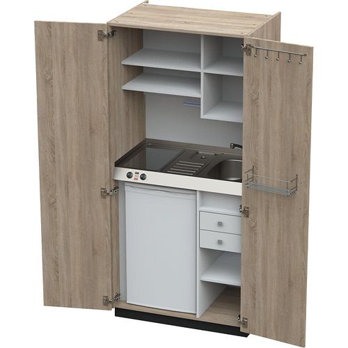 4021176513312 - Schrankküche mit Flügeltüren 2 Glaskeramikkochfelder Becken rechts Eiche 1956x900x650 mm kaiserkraft